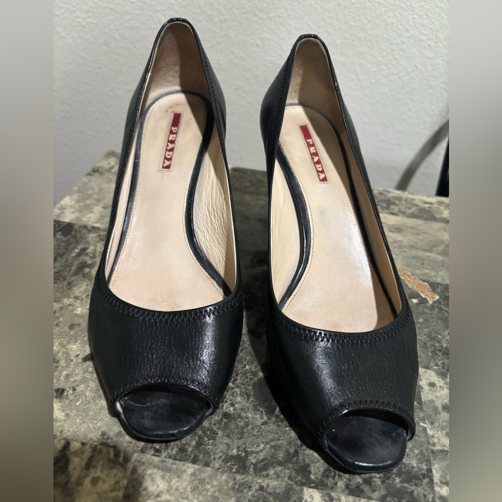 Prada Black Leather Peep-Toe Heels - Picture 1 of 7